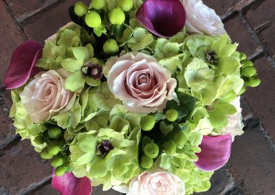 Wedding bouquet with pink Hydrangea and green Calla Lillies